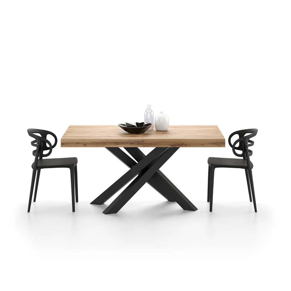 Mobili Fiver Table Extensible Emma 160(240)x90 cm, bois rustique avec pieds croisés noirs