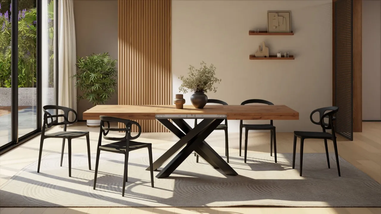 Mobili Fiver Table Extensible Emma 160(240)x90 cm, bois rustique avec pieds croisés noirs